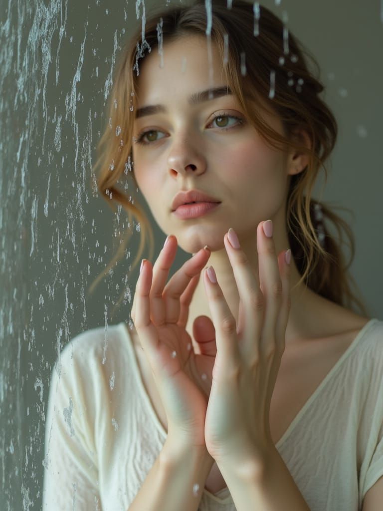 Thoughtful Woman Reflected in Streaked Glass