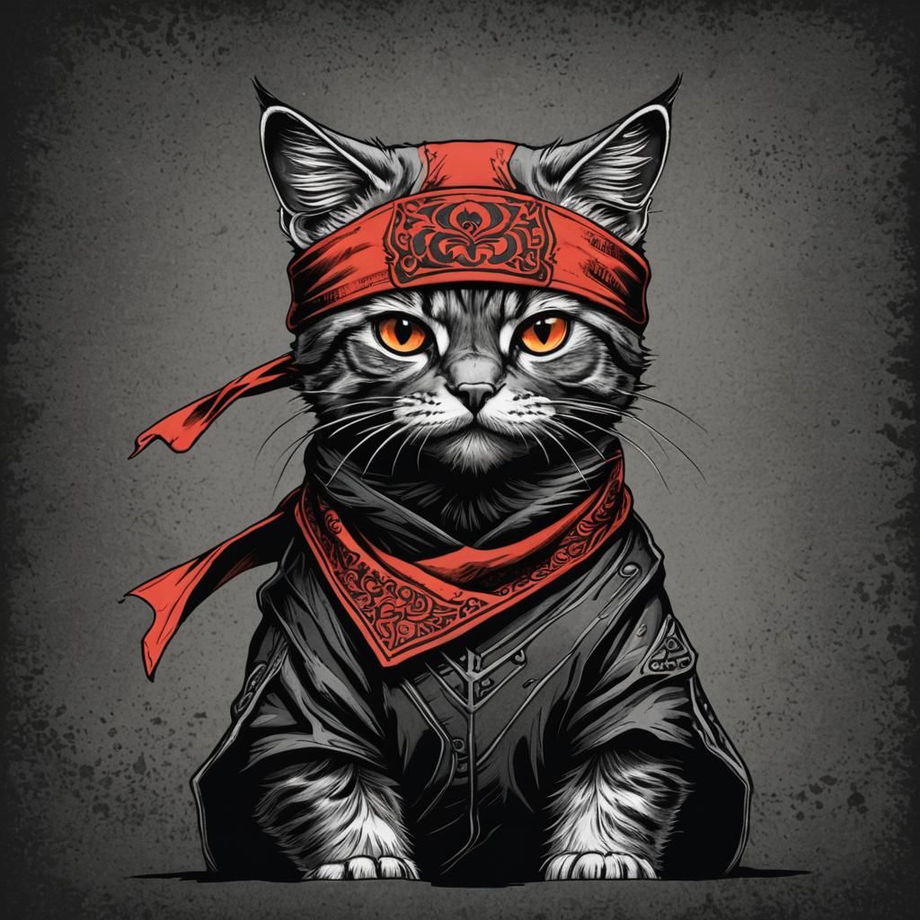 Ninja-Cat with Red Bandana in Selective Color Art