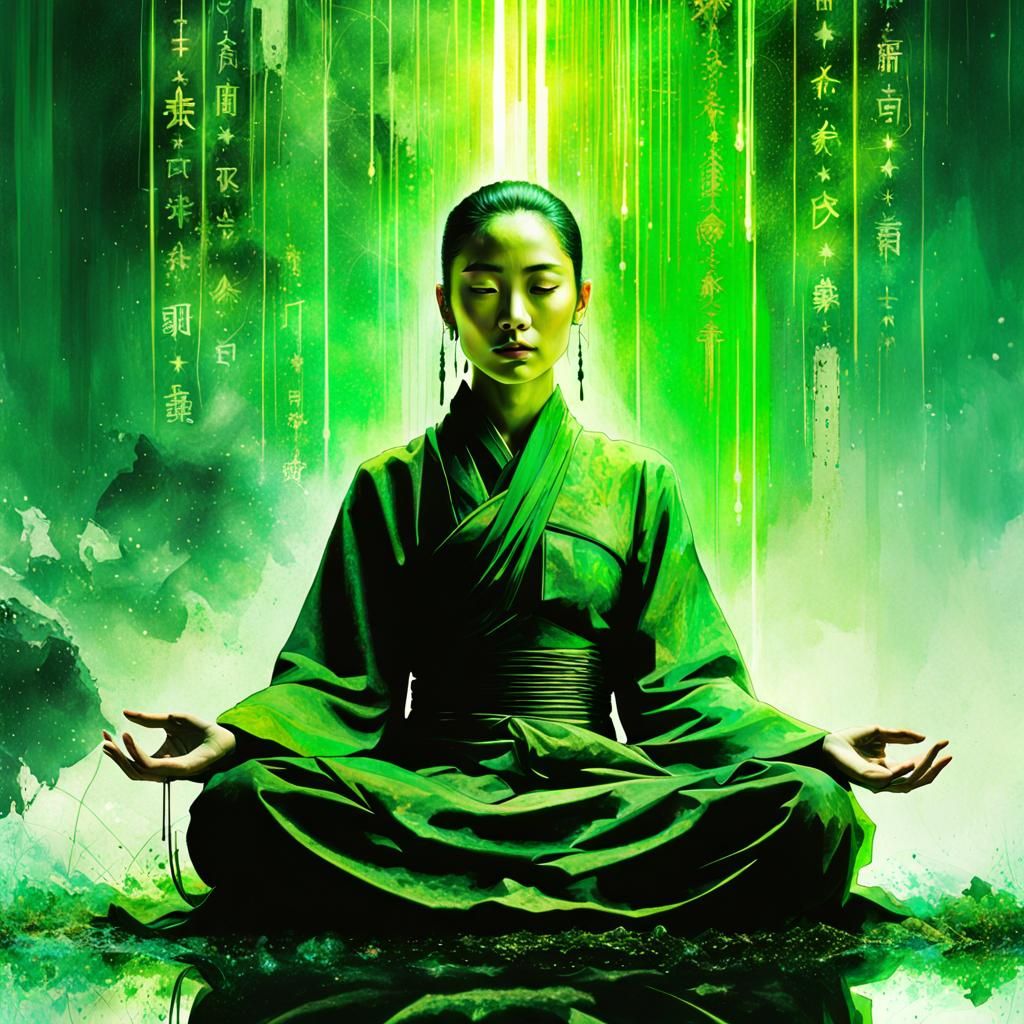 Green Matrix Monk Meditation in Watercolor Style