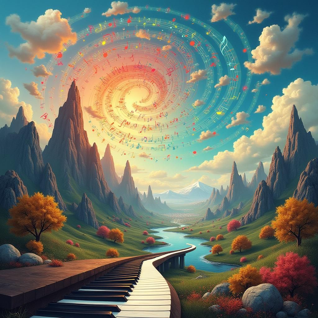 Surreal Musical Landscape with Keyboard Road