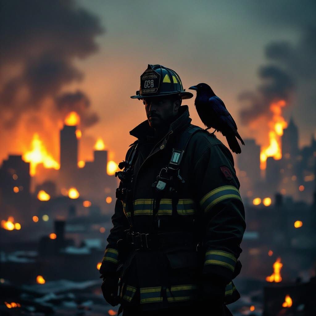 Heroic Firefighter Silhouetted Against Burning City with Mys...