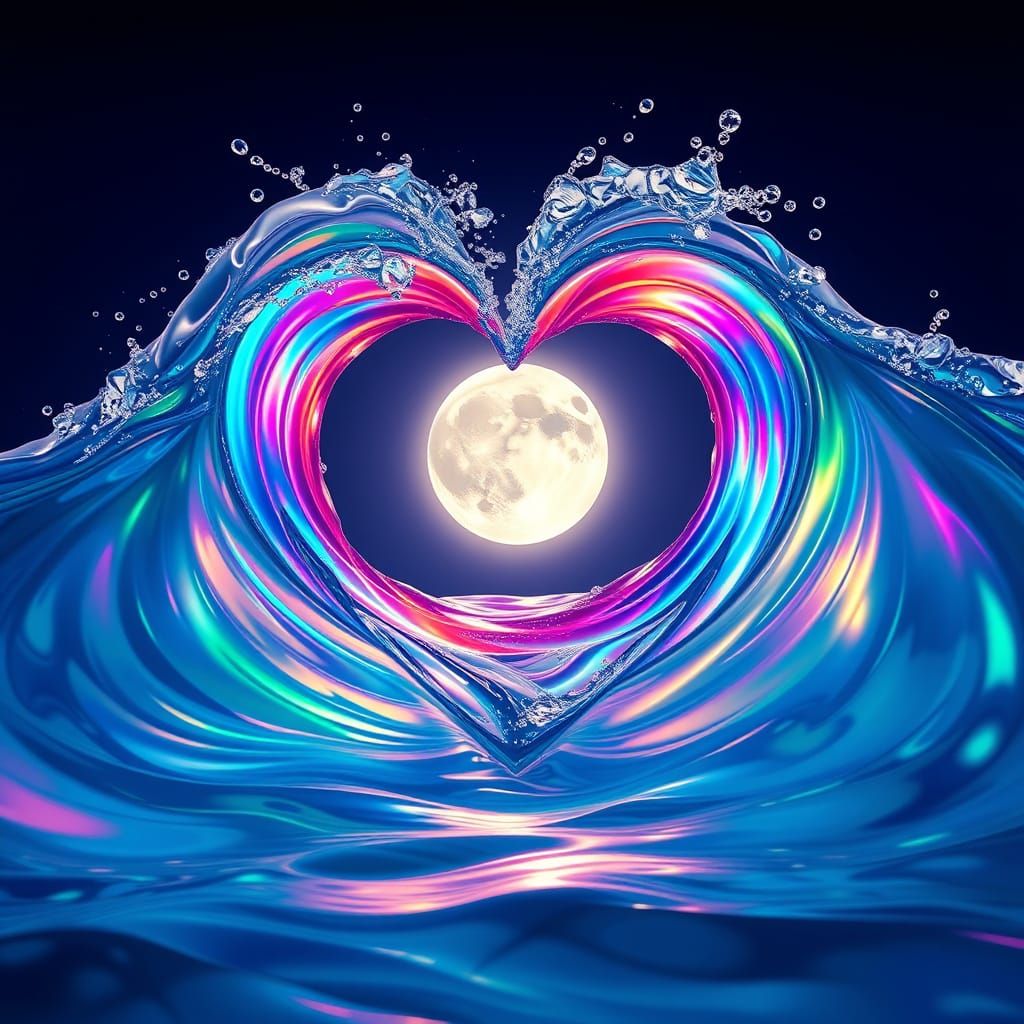 Surreal Heart-Shaped Waves in Mid-Air with Luminous Full Moo...