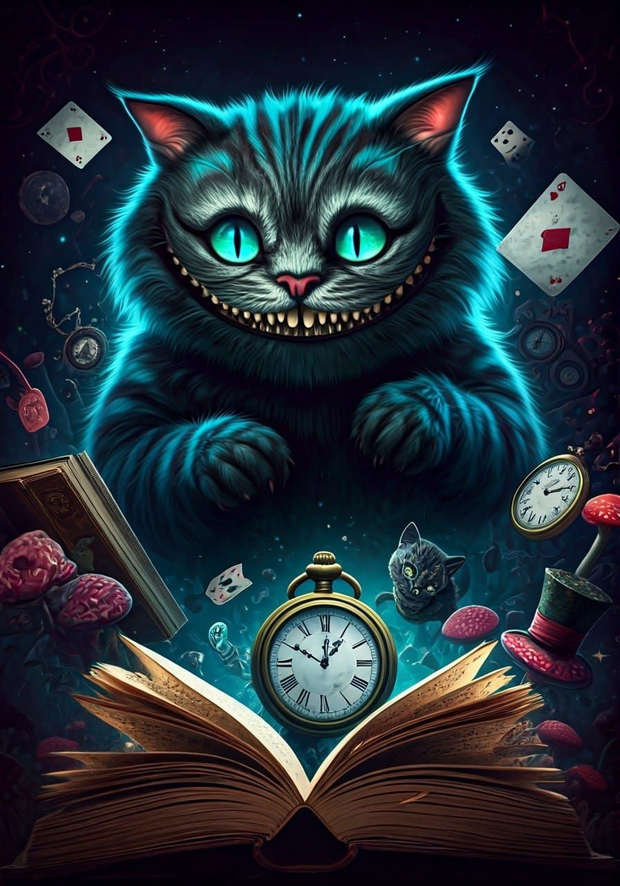 Menacing Cheshire Cat in Starry Wonderland Illustration