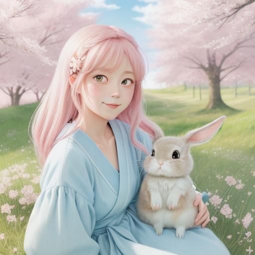 Girl Hugging Bunny in Pastel Anime Style