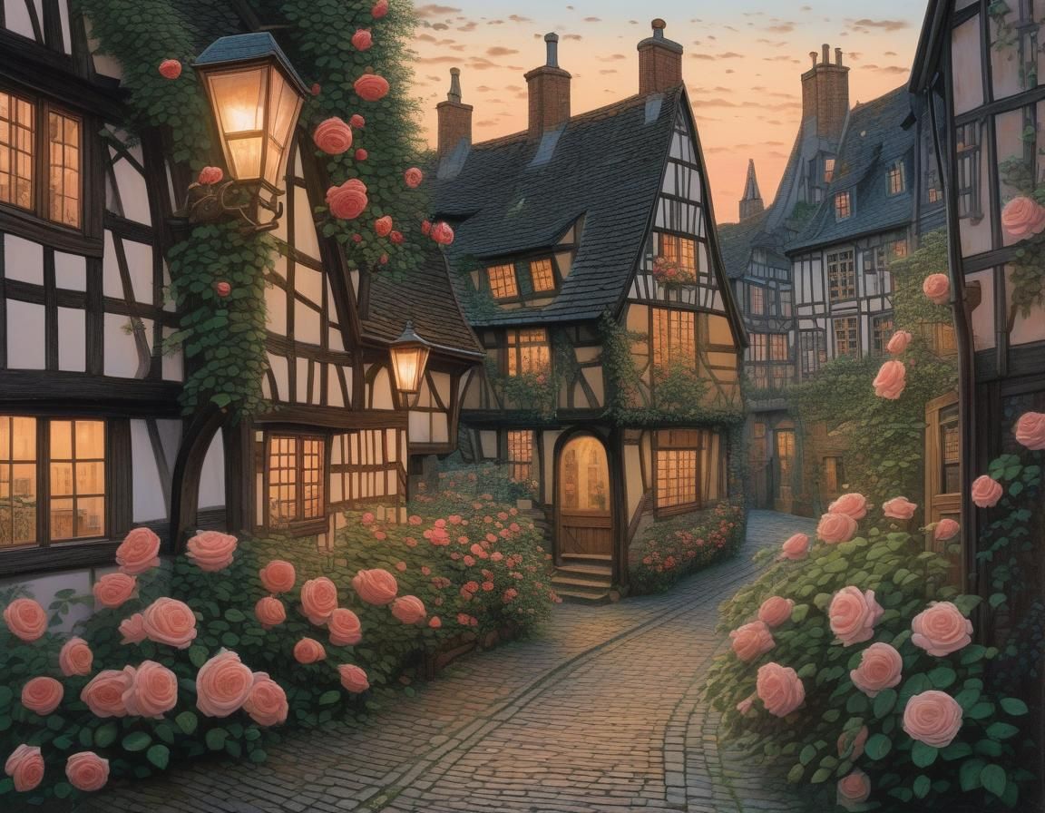 Cozy Half-Timbered Houses with Roses at Dusk