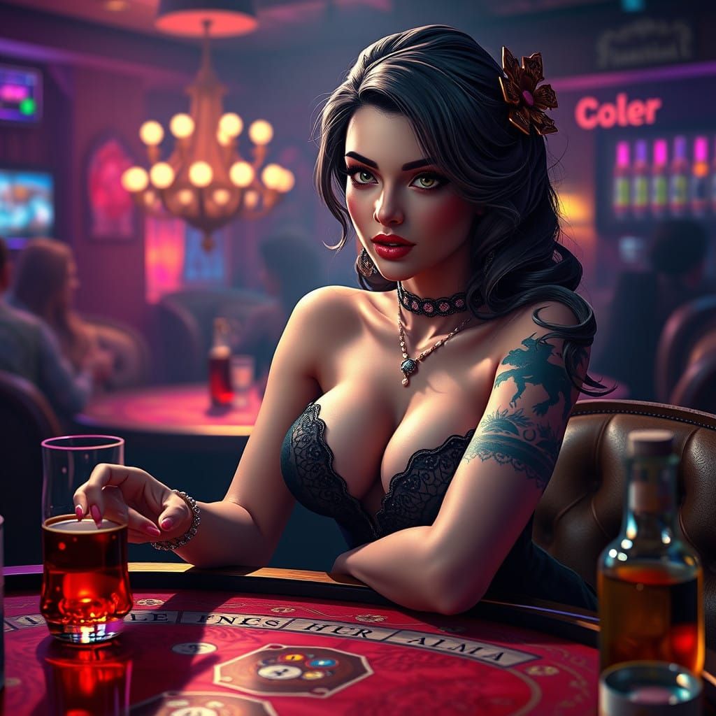 Lady in a Fantastical Club Scene, Canasta in Hand
