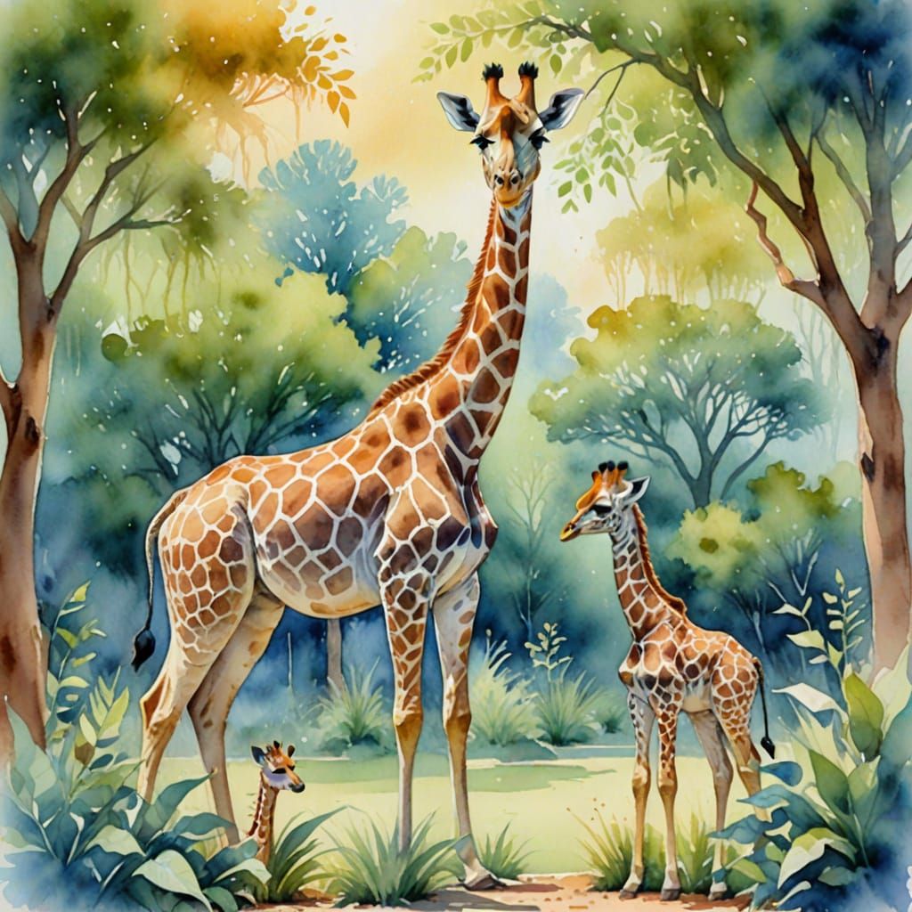 Whimsical Watercolor of a Father and Baby Giraffe in a Seren...