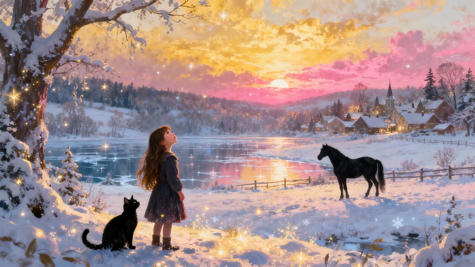 Girl and Cat Watch Sunset Over Winter Wonderland