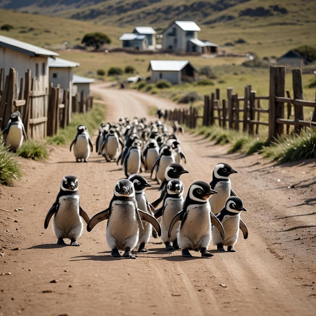 Cute Baby Penguins Walking Towards Little Houses