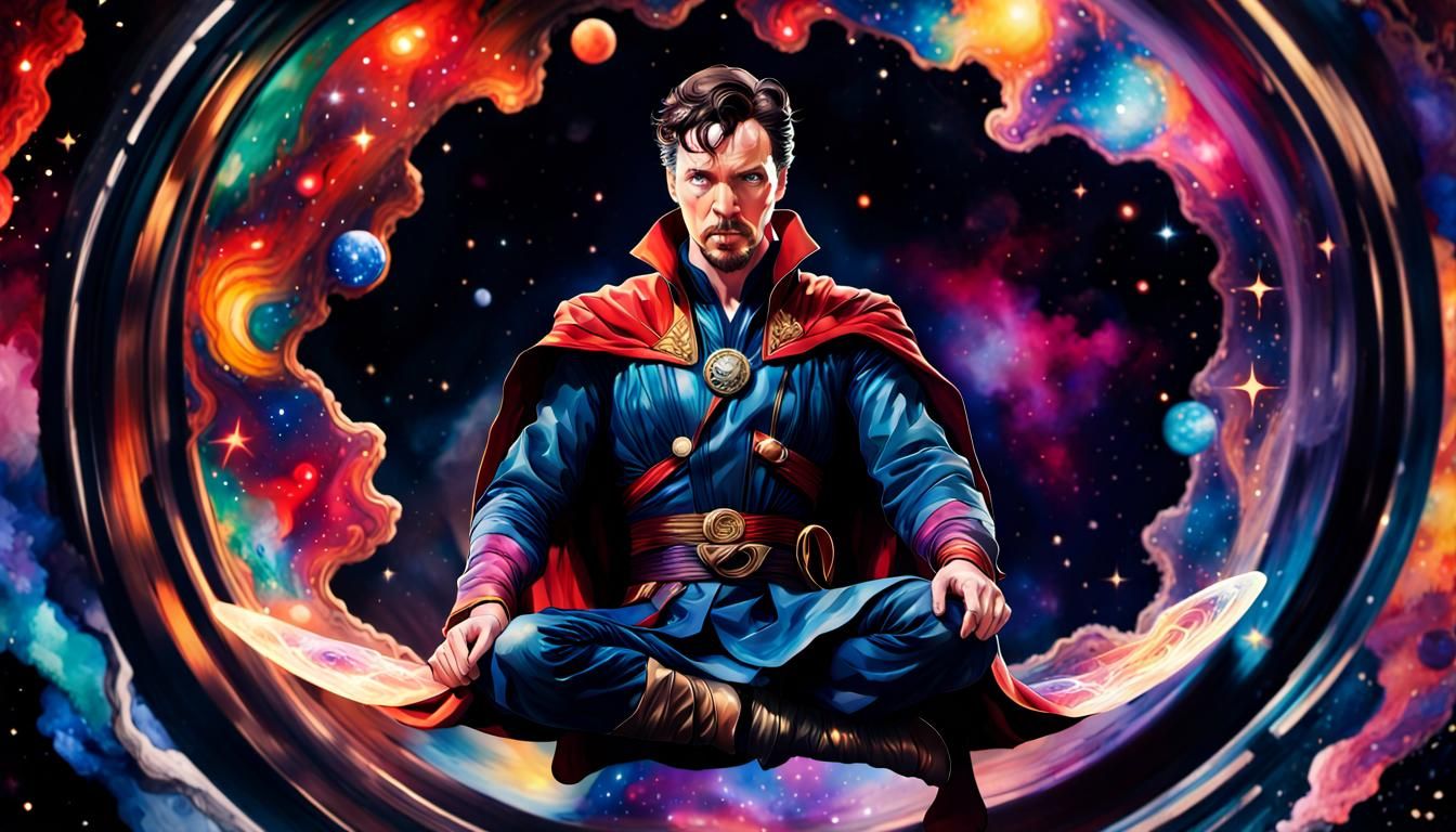 Alcohol ink picture of Doctor Strange, levitating, sitting cross legged, eyes closed, traveling through a magical void o...
