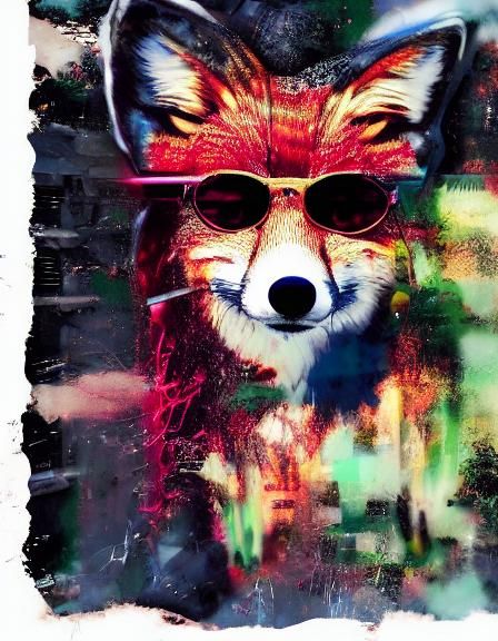Hyperreal Double Exposure Girl with Fox Graffiti Art