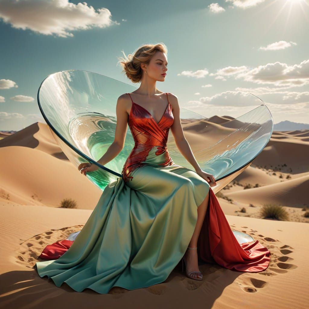 Glamorous Woman in Giant Martini Glass Surreal Desert Scene