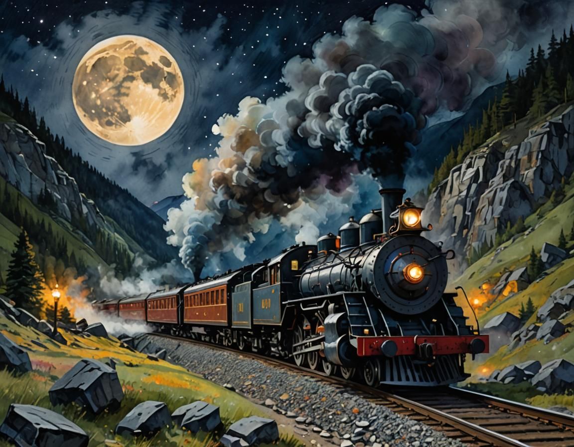 Night Train in Mountain Pass: Gouache Impressionist Painting