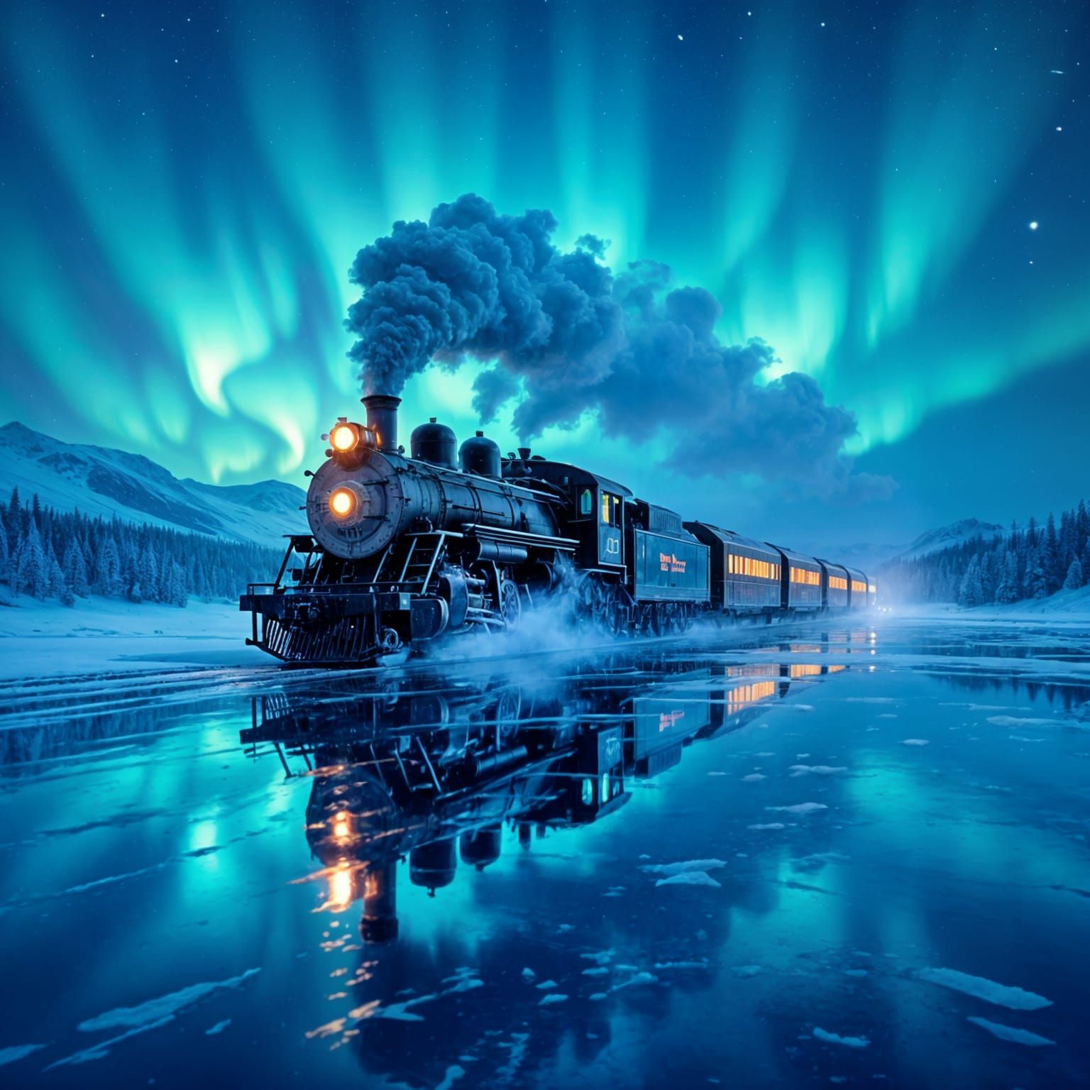 Aurora Reflected Train on Frozen Lake