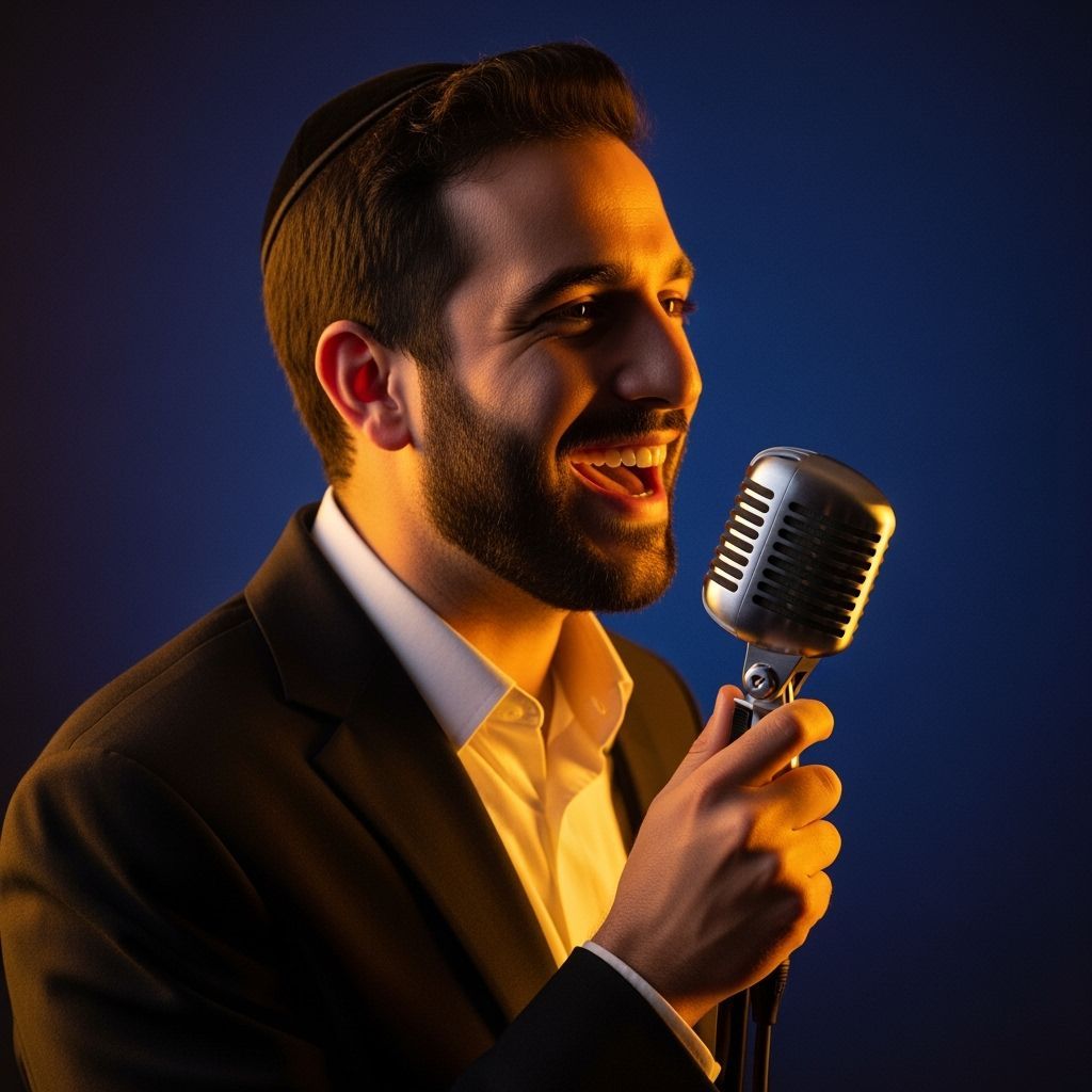 Joyful Jewish Man Sings into Vintage Microphone