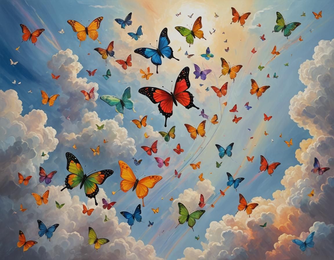 Butterflies in Sky with Rainbow: Abstract Art