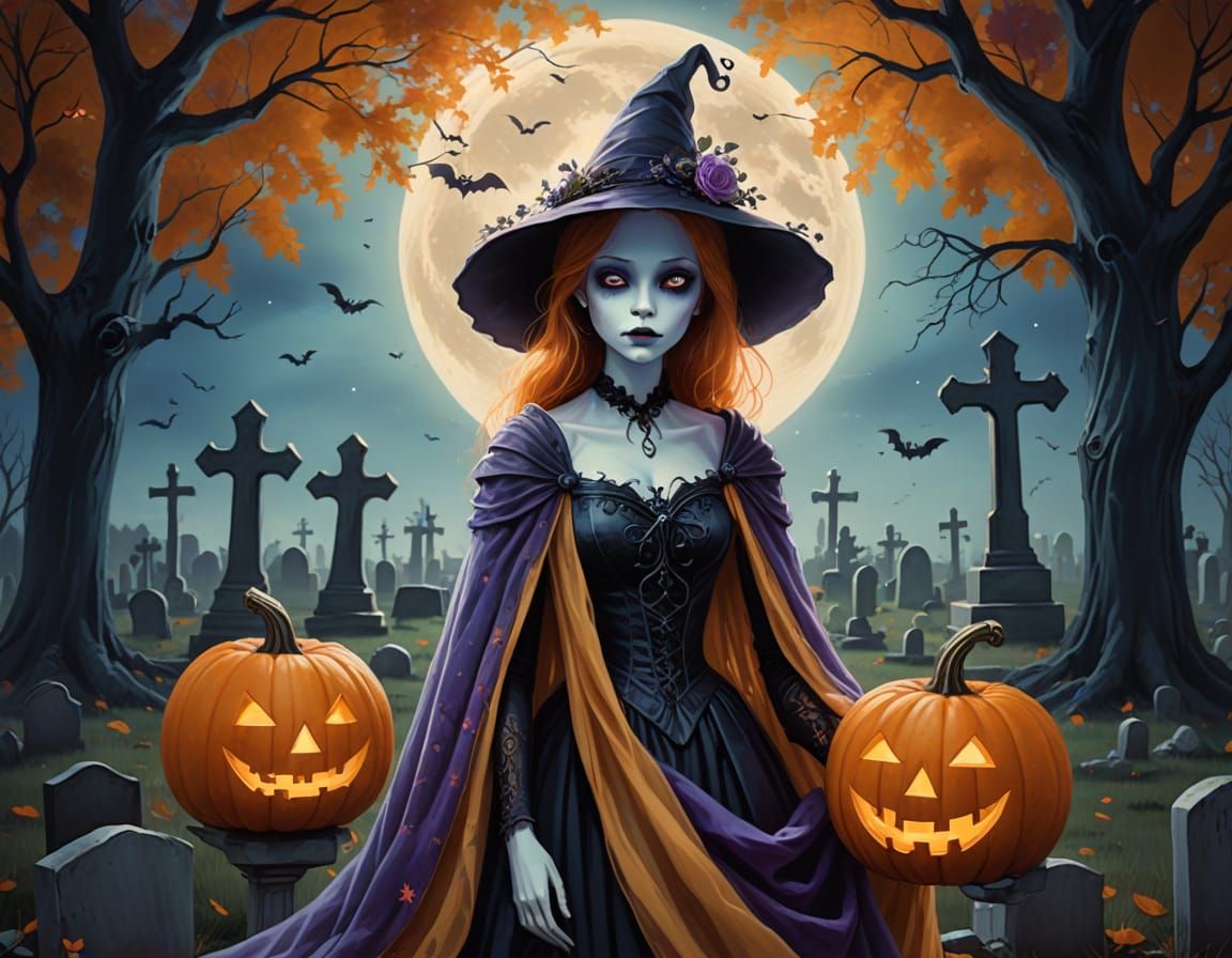 Shy Halloween Apparition in Moonlit Graveyard