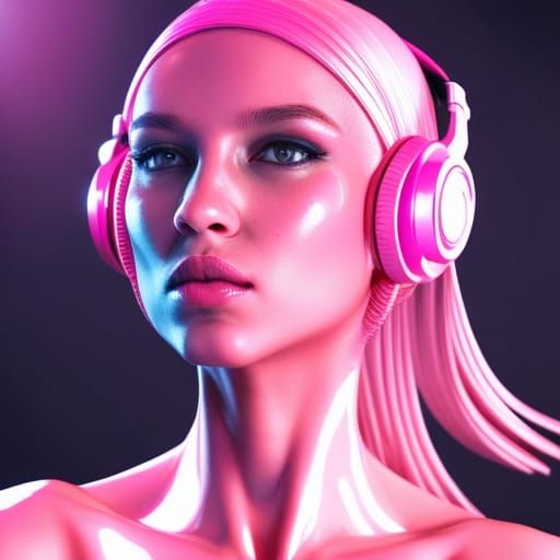 Girl with Pink Bikini and Headphones in Sci-Fi Mech Style