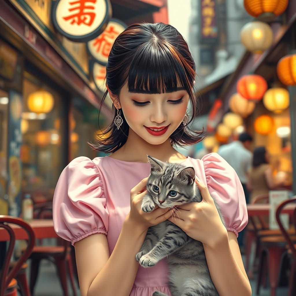 Woman with Kitten in Restaurant, Cartoon Art Style