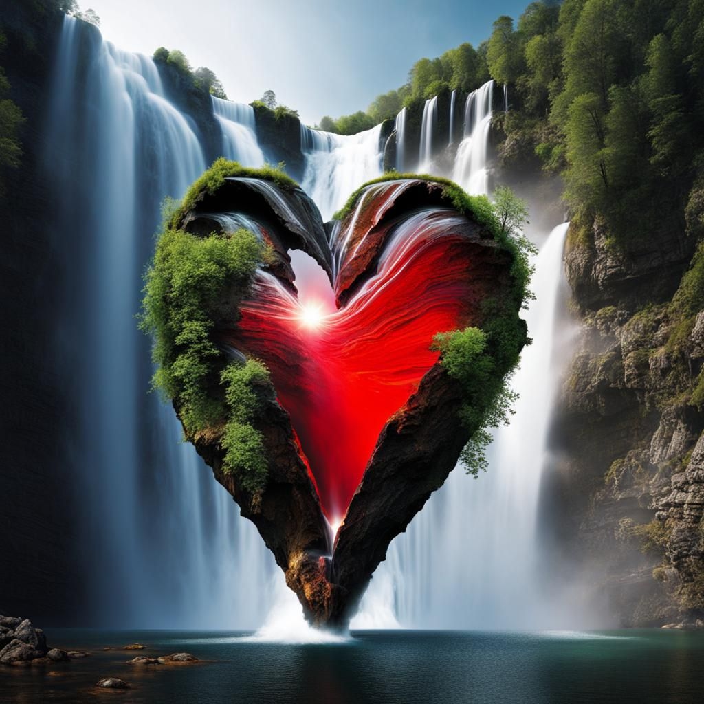 Waterfall Heart Double Exposure Fantasy Masterpiece