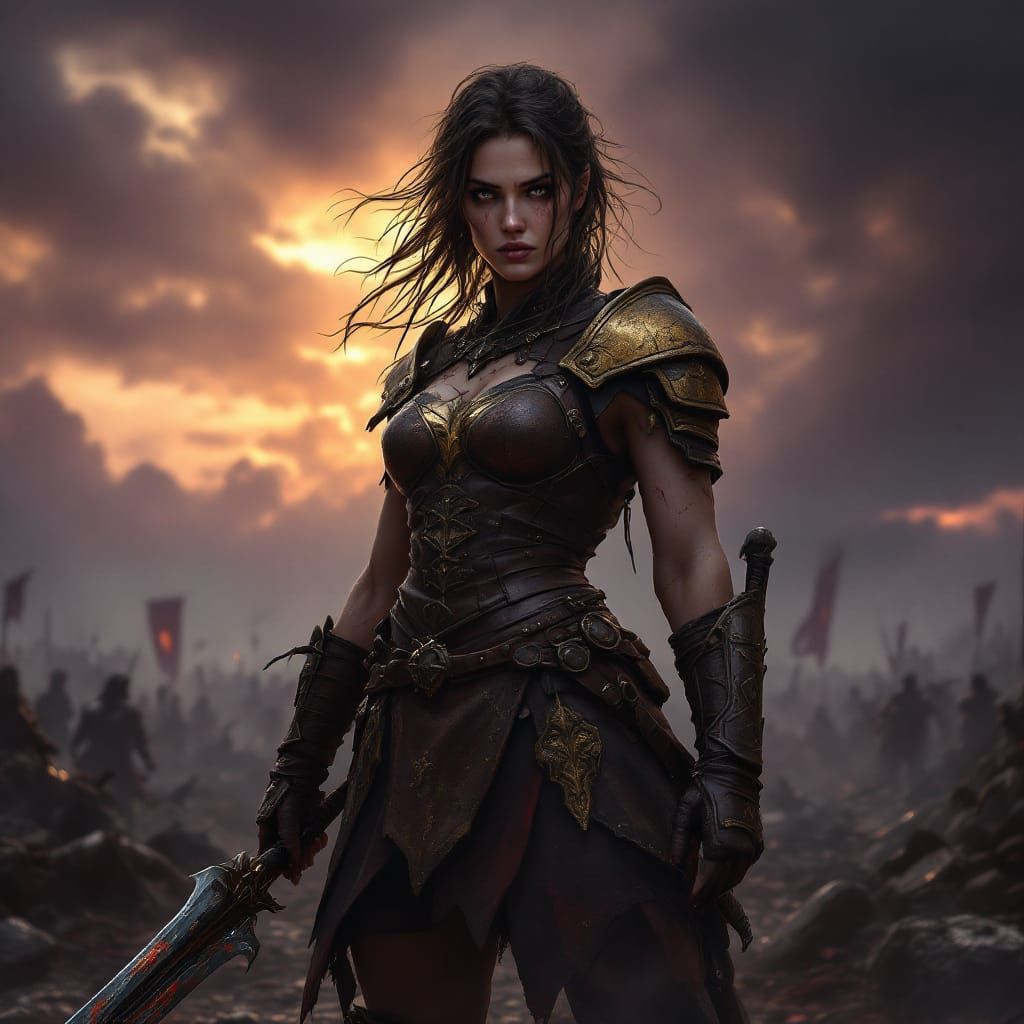 Proud Female Warrior on Grim Battlefield at Dusk