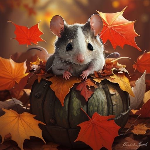 Cozy Baby Mice in Acorn on Fall Leaf