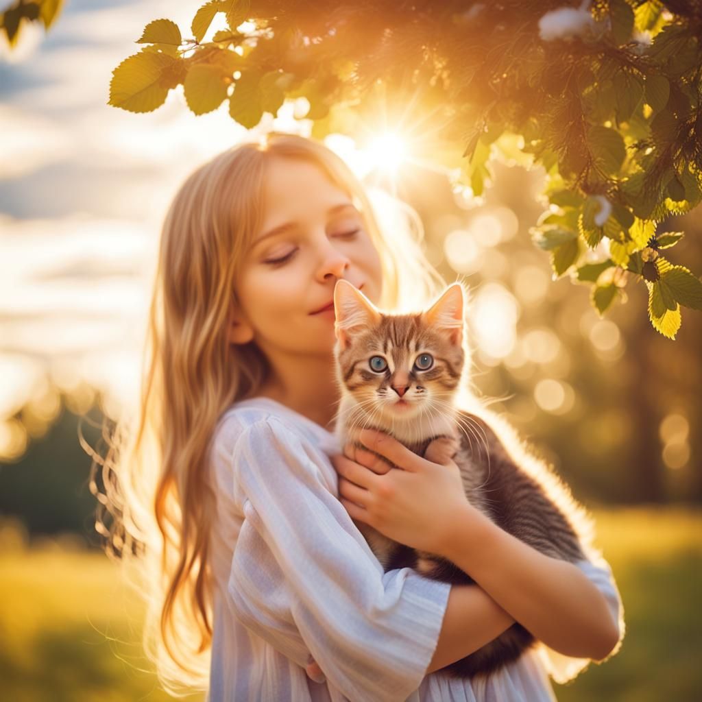 Girl with Kitten in Divine Sunshine
