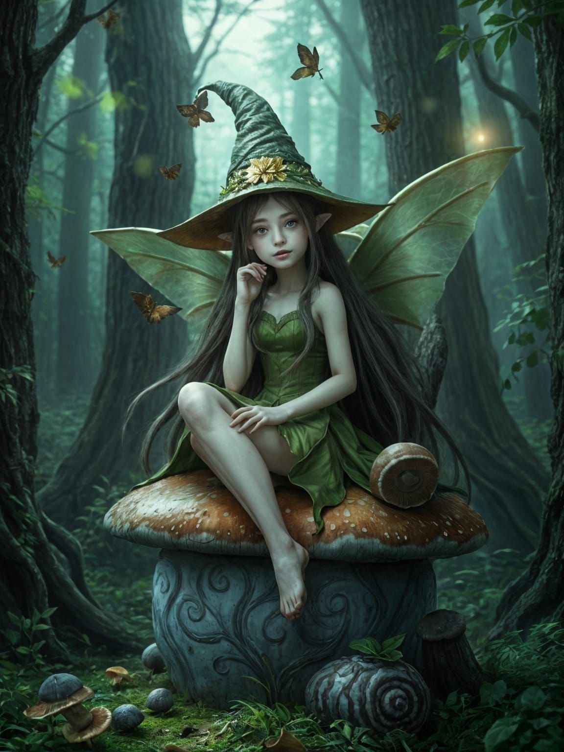Faerie on Mushroom Throne in Magical Forest
