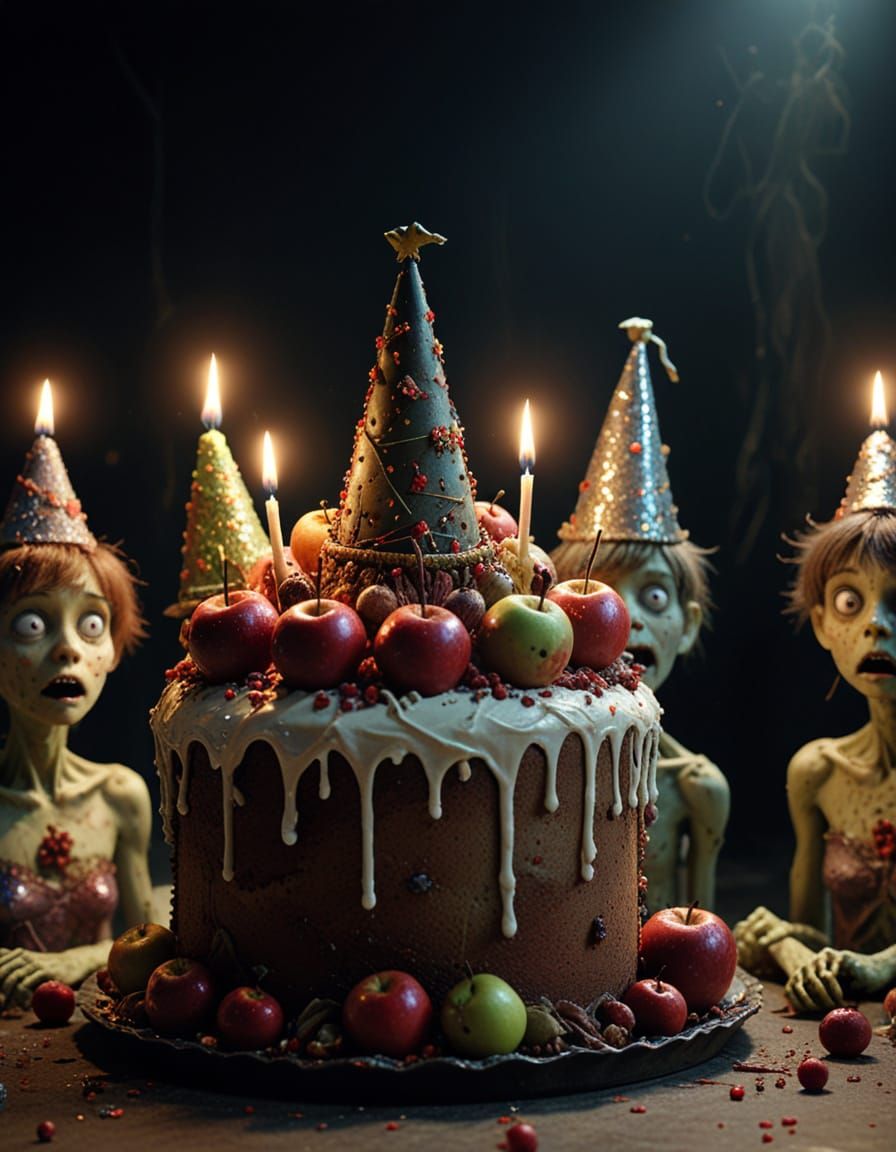 Zombie Children Celebrate with Rotten Apple Cake in Claymati...