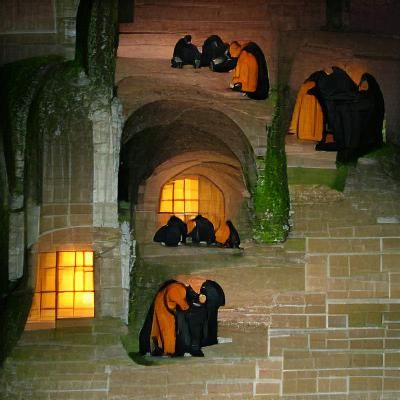 Medieval Monks in Cloisters at Night