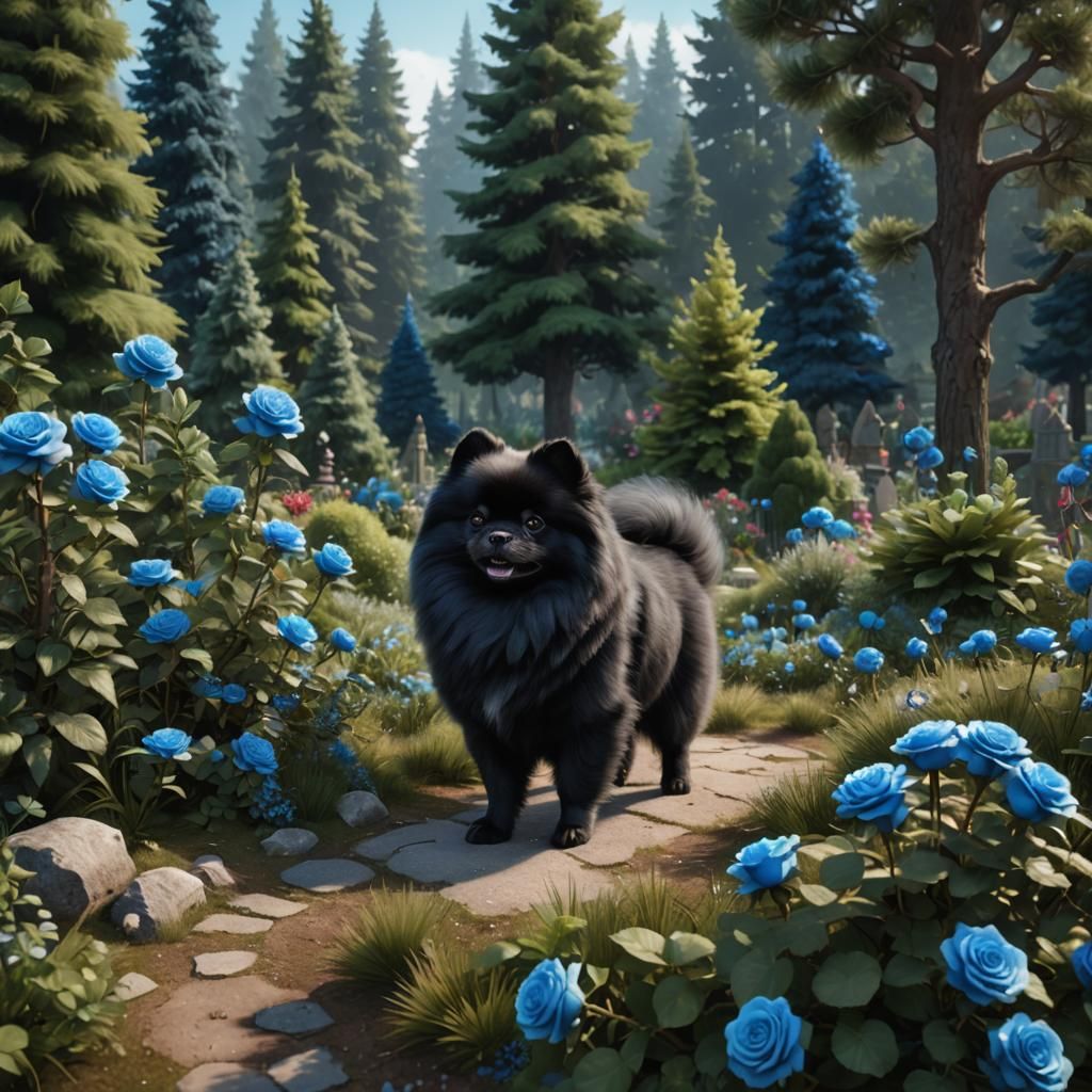 Black Pomeranian in Garden with Blue Roses
