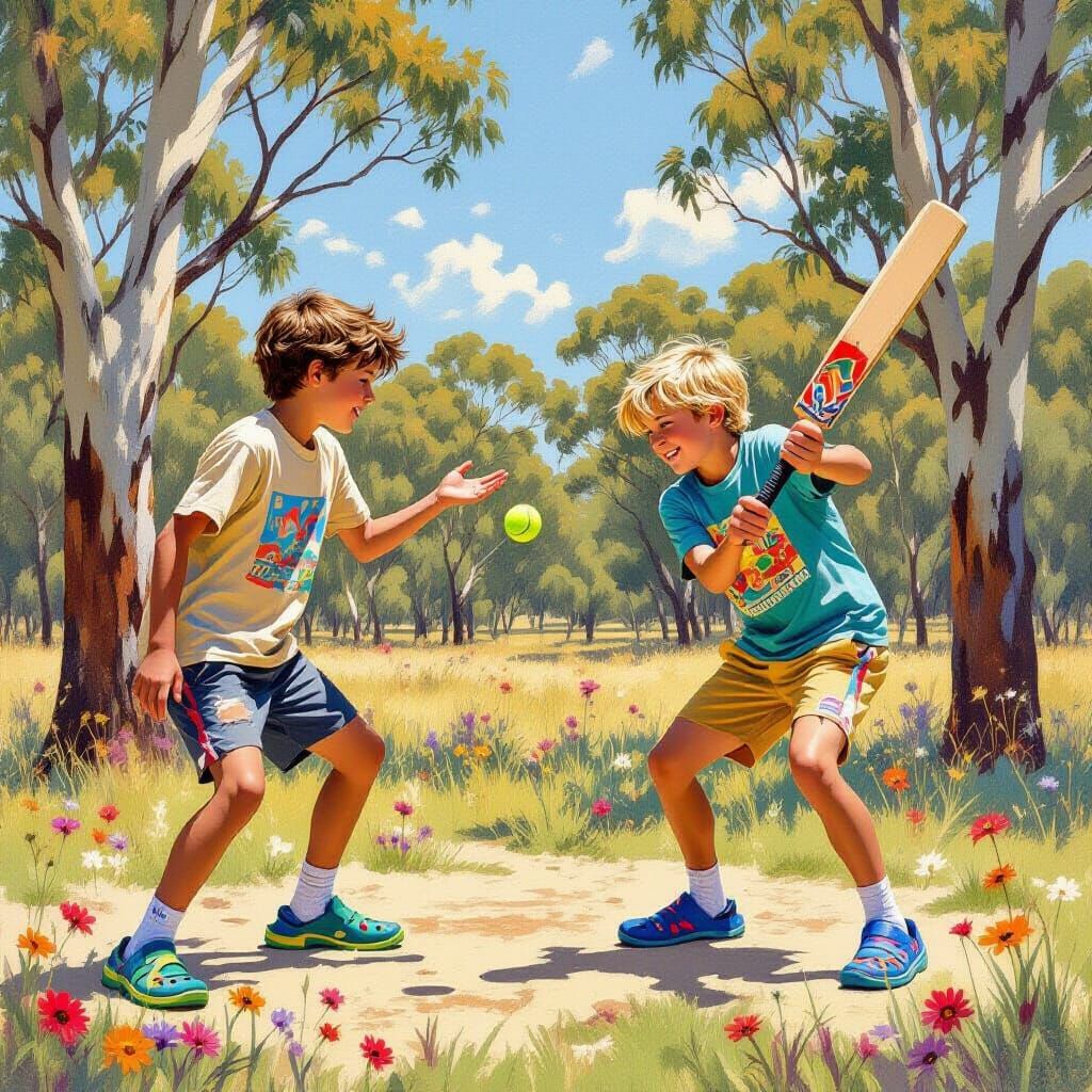 Boys Play Backyard Cricket in Australian Bush Art Style