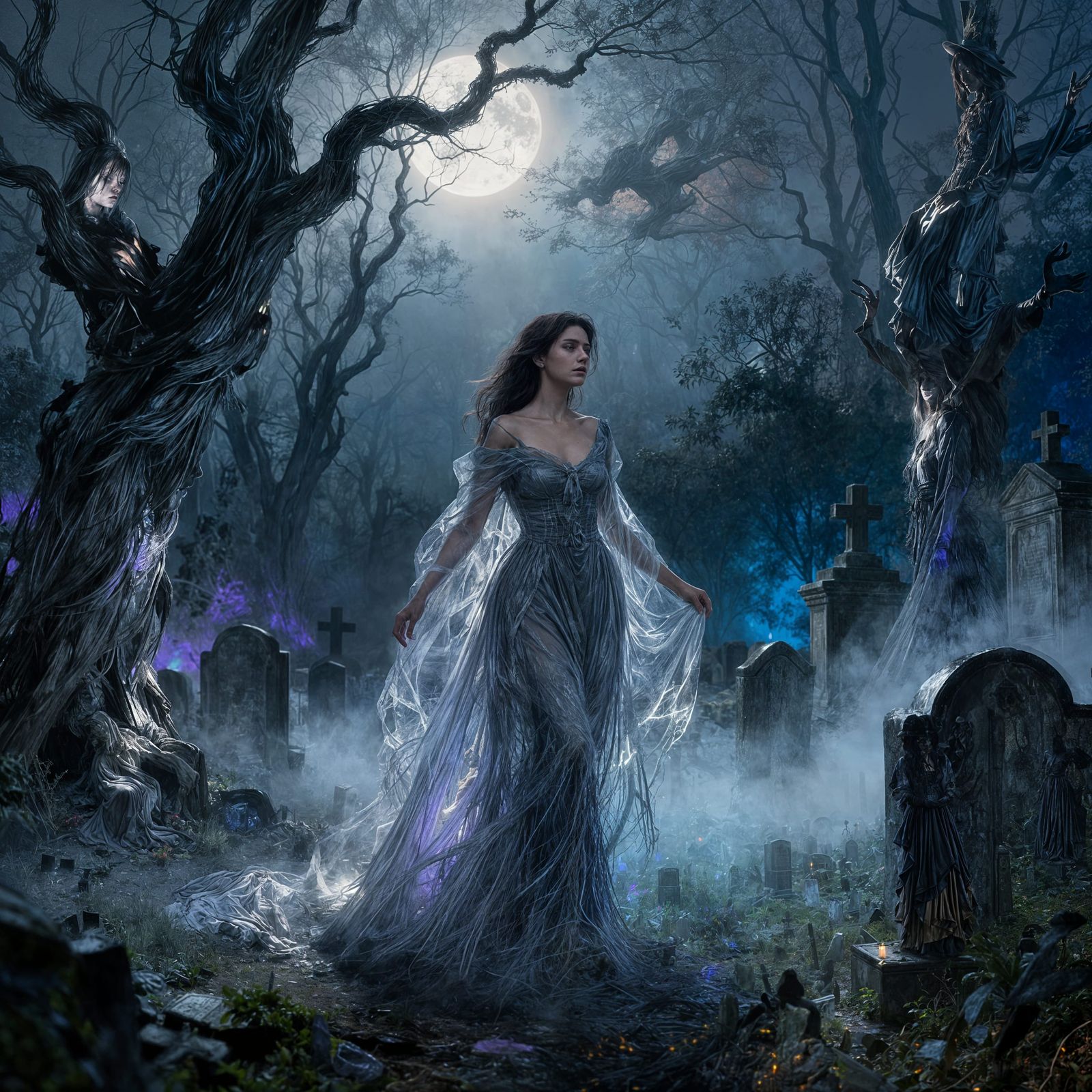 Ghostly Woman in Misty Cemetery Oil Painting Movie Still