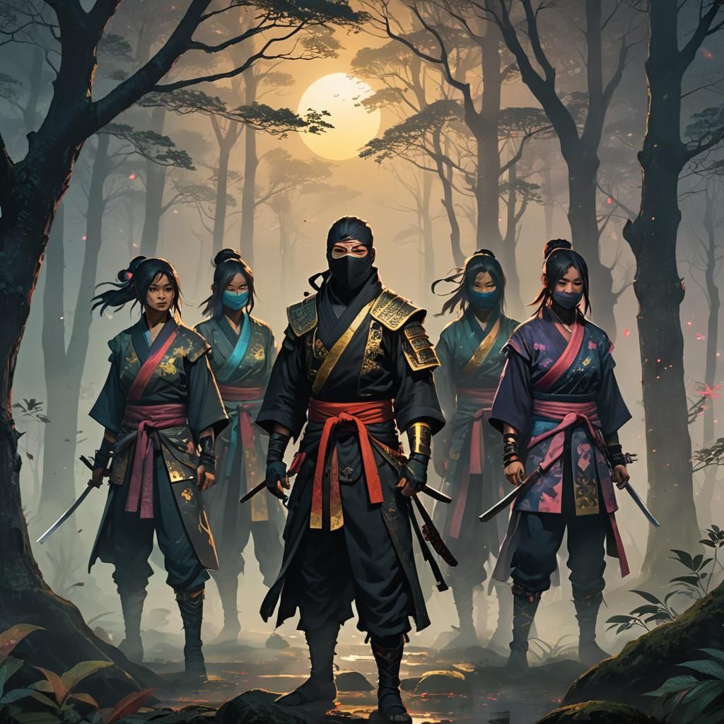 Ninja in Misty Forest with Kimono-Clad Companions