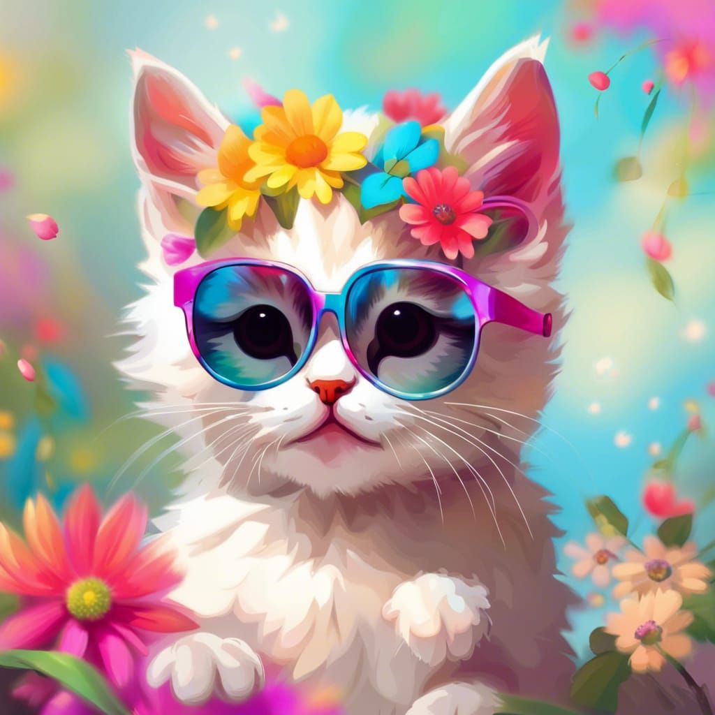 Kitten with Sunglasses and Flowers in Oil Paint Style