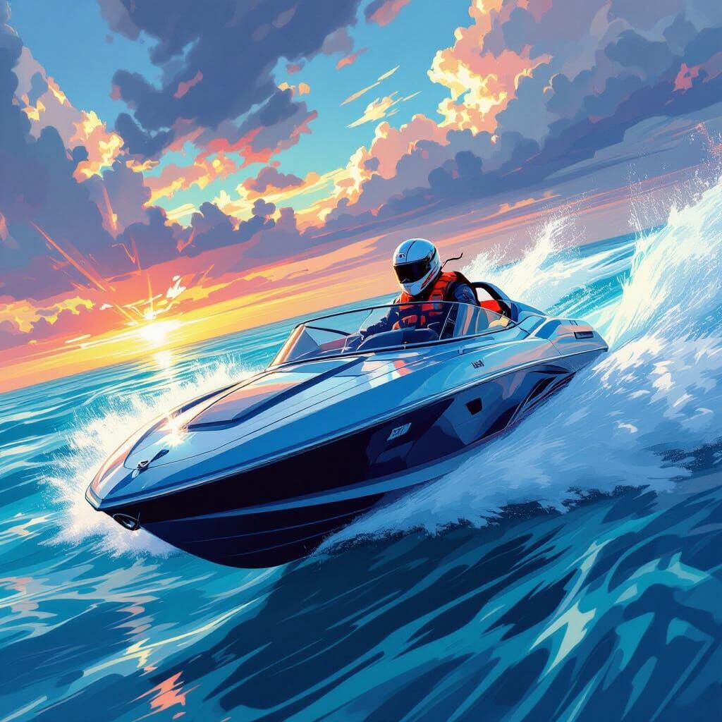 Powerboat on Turquoise Waves, Futuristic Concept Art
