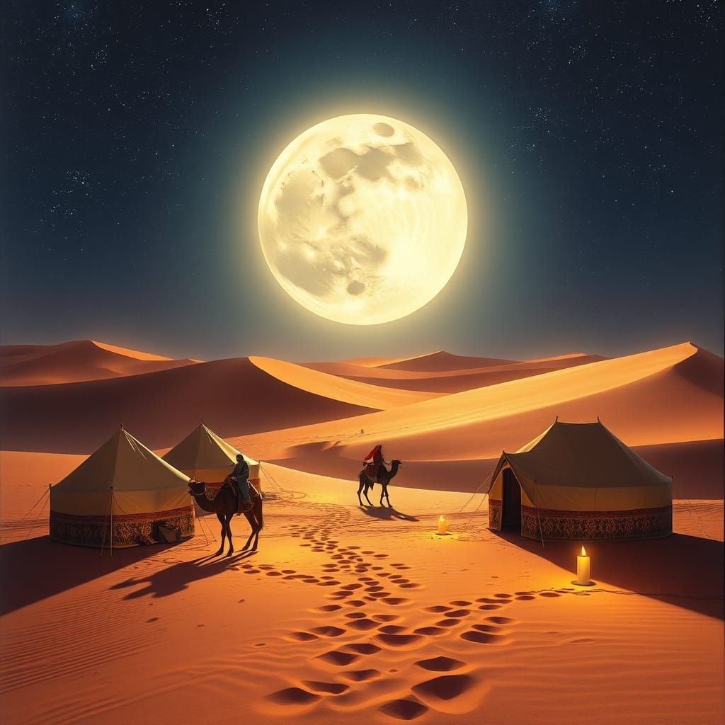 Bedouin Camps in a Desert Oasis at Night