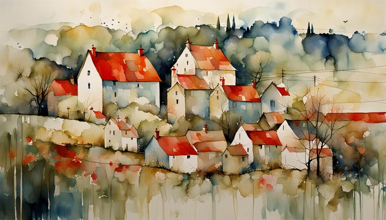 Idyllic Village Landscape in Impressionistic Style