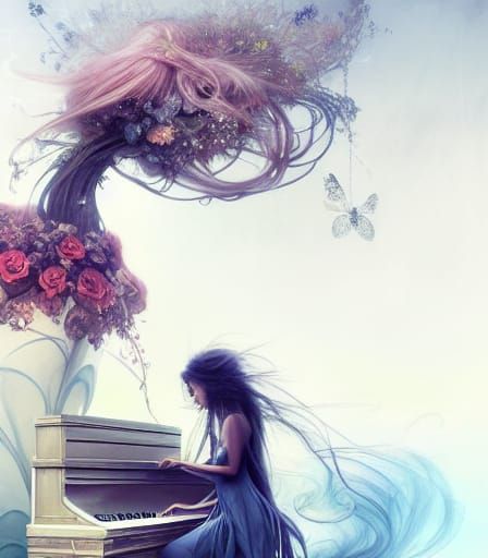 Magical Girl Plays Piano in Fantasy Landscape