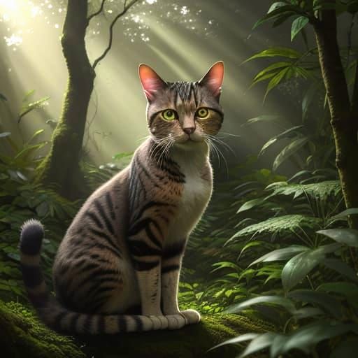 Hyperrealistic Cat in Sunlit Forest Oil Painting