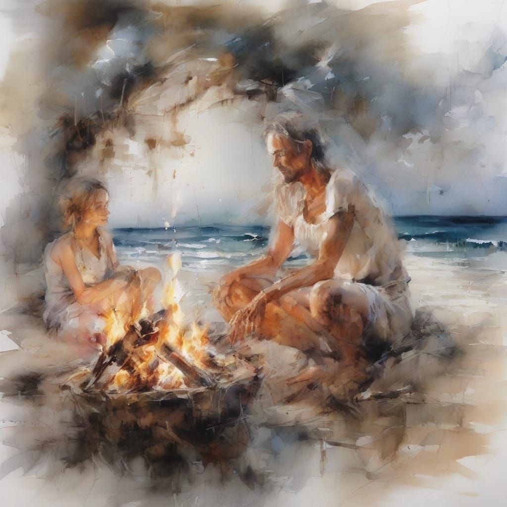 Moonlit Beach Bonfire with Friends, Hyperrealistic Style