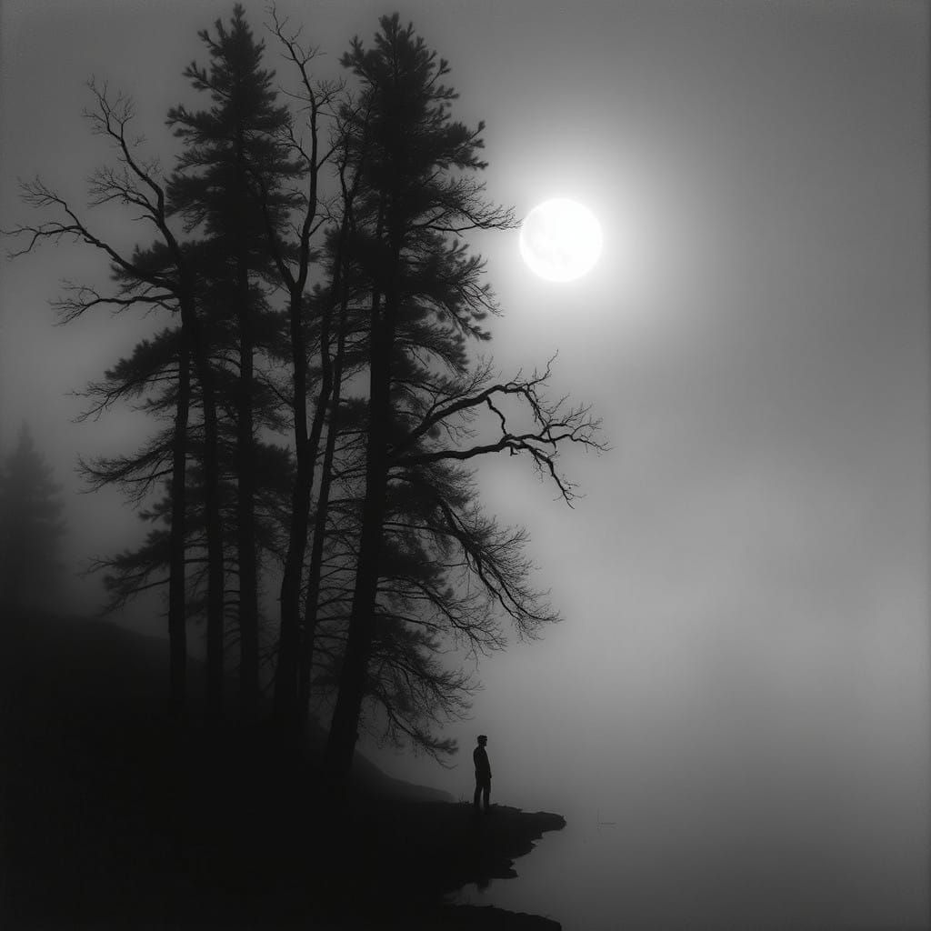 Misty Moonlit Lake in Black and White