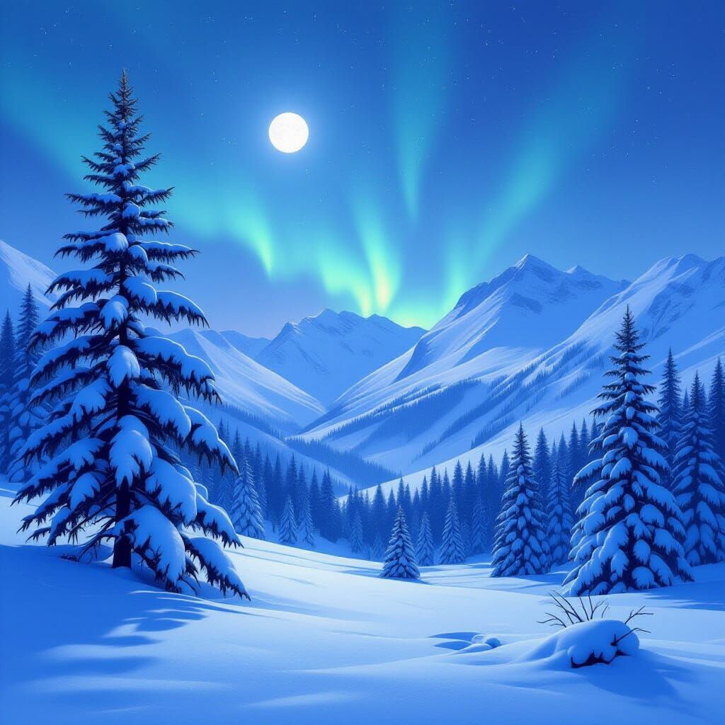 Majestic Winter Landscape Under Aurora Borealis