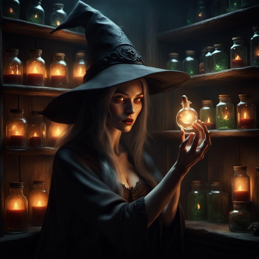 Attractive Witch with Glowing Potion, Baroque Style