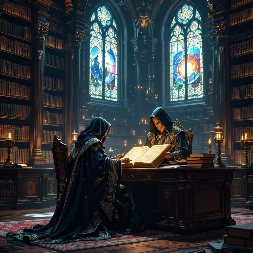Scholar and Glowing Tome in Grand Library