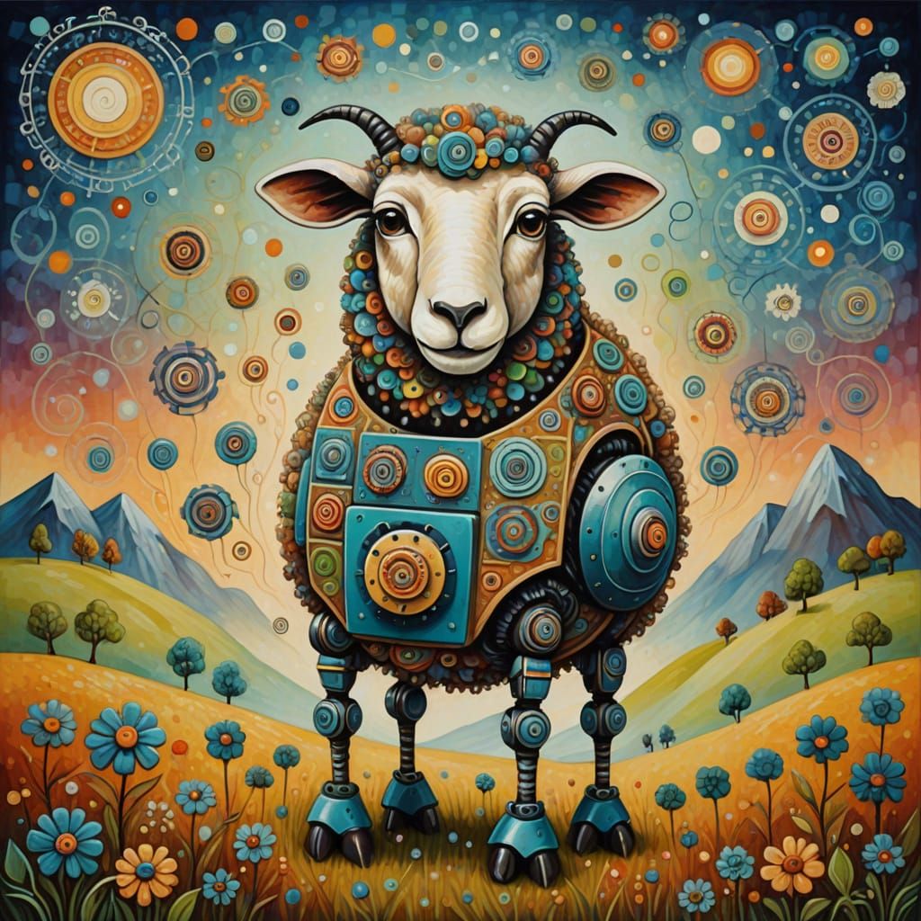 Surreal Whimsical Sheep Robot in Folk-Art Style