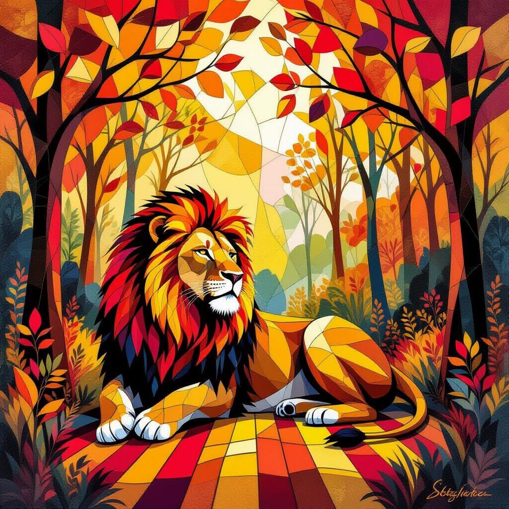 Mosaic Autumn Lion in Fantastical Forest