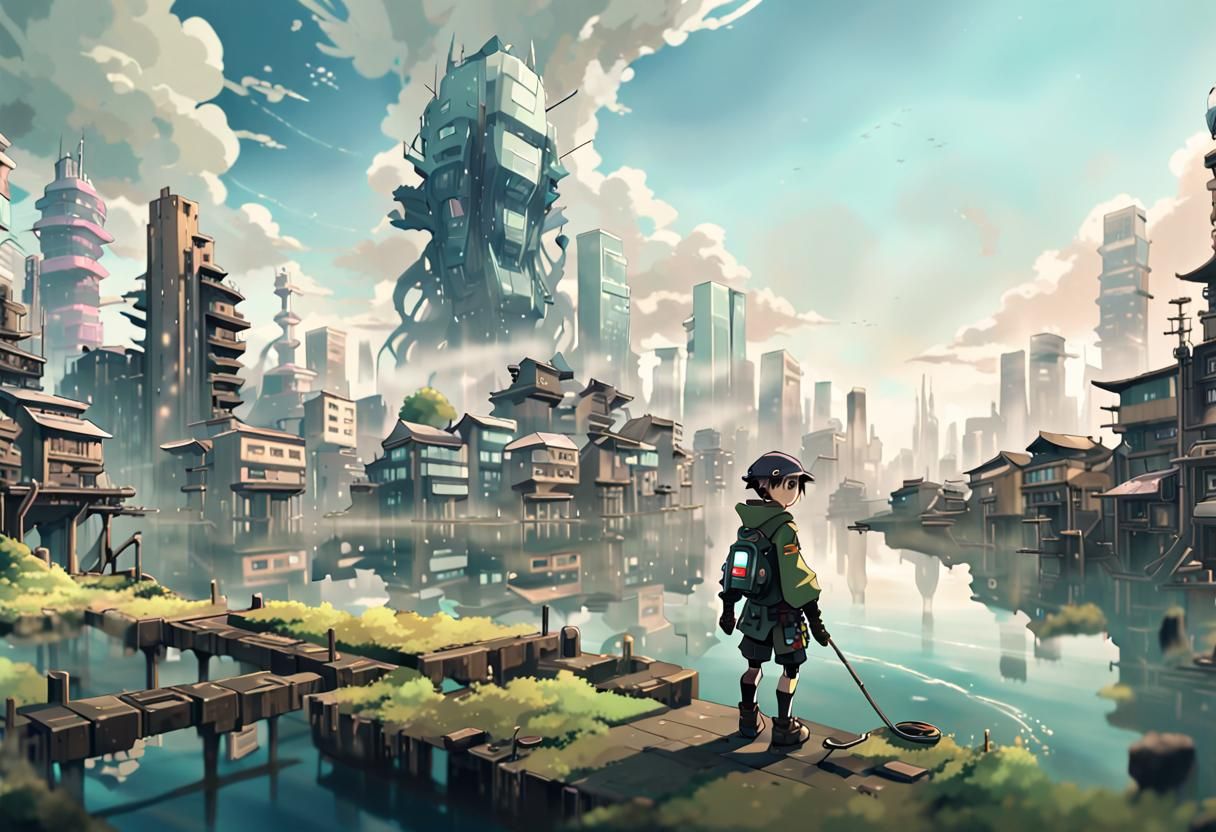 Fisherman in Cyberpunk City of 2070