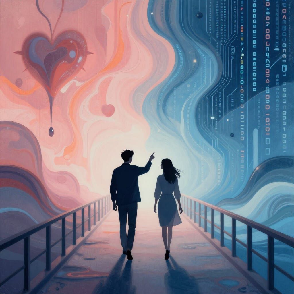 Couple Walks Towards AI on Luminous Bridge