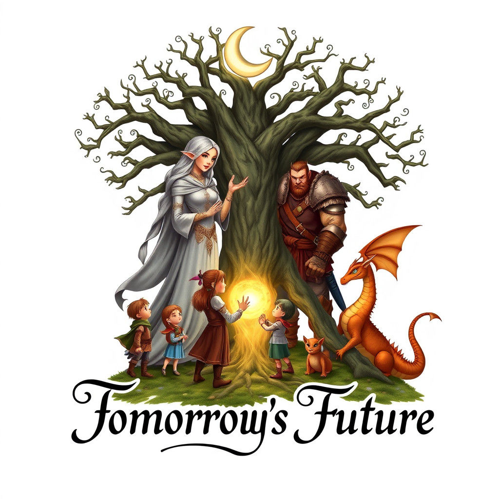 Harmonious School Logo with Elf, Orc, and Dragon Children